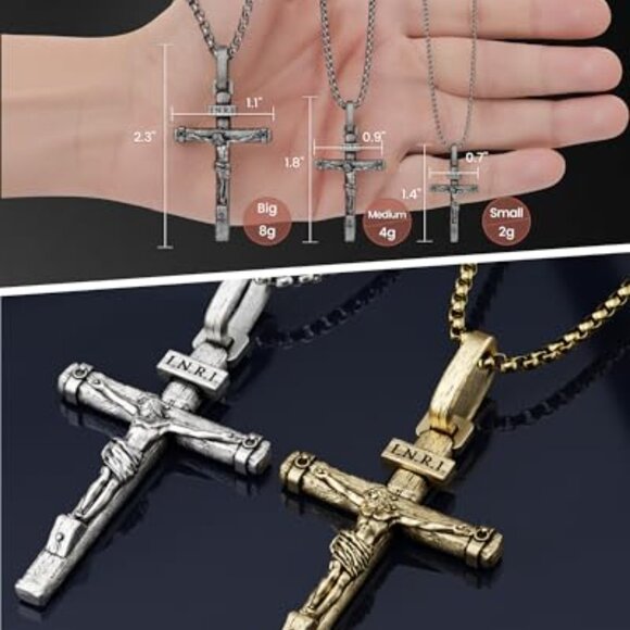 Brass Crucifix Cross Necklace, 1.8 Inch Pendant, Lobster Clasp - Picture 7 of 8